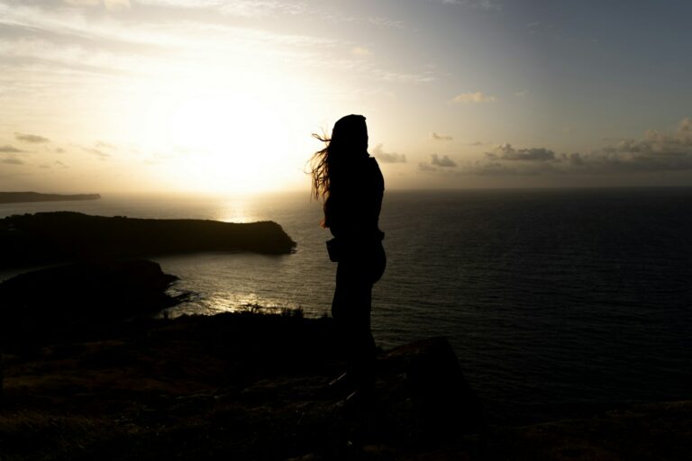 Silhouette of a person watching the sunset over the ocean.