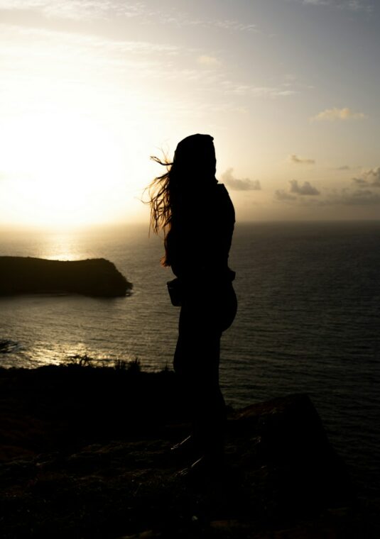 Silhouette of a person watching the sunset over the ocean.