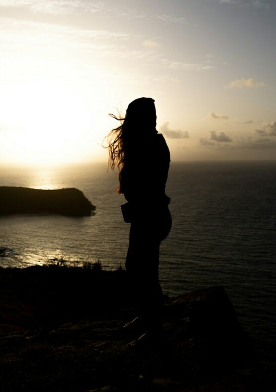 Silhouette of a person watching the sunset over the ocean.